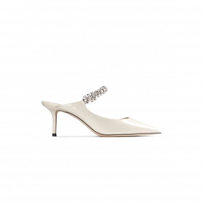 JIMMY CHOO BING 65 LINEN PATENT LEATHER MULES WITH CRYSTAL STRAP BING65PAT